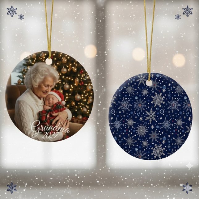 Grandma First Christmas Photo Snowflake Keepsake Ceramic Ornament (Grandma Photo Snowflake Christmas ornament)