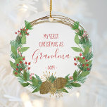 Grandma First Christmas Rustic Wreath Baby Photo Ceramic Ornament<br><div class="desc">This design features a rustic watercolor Christmas wreath decorated with pine cones, berries and candy canes, surrounding the words "My First Christmas as Grandma" and the year in whimsical red printing and handwriting fonts. Customize the reverse side with a favorite photo of the new grandchild, encircled by the same wreath....</div>