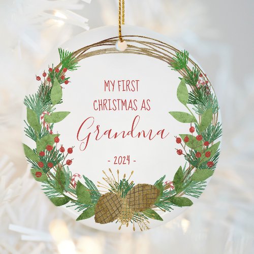 Grandma First Christmas Rustic Wreath Baby Photo Ceramic Ornament