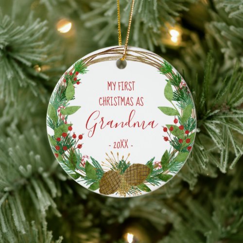 Grandma First Christmas Rustic Wreath Baby Photo Ceramic Ornament
