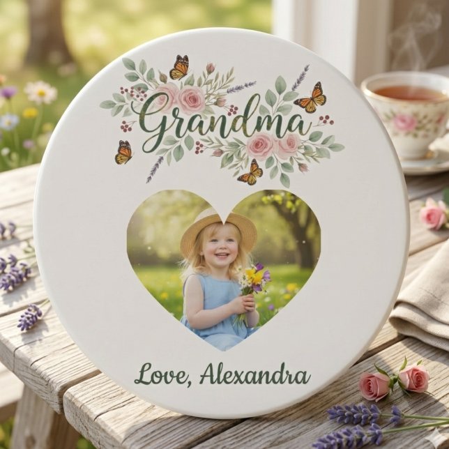 Grandma Floral Butterfly Photo Coaster (A lovely round drink coaster with "Grandma" surrounded by flowers and butterflies, featuring a heart)