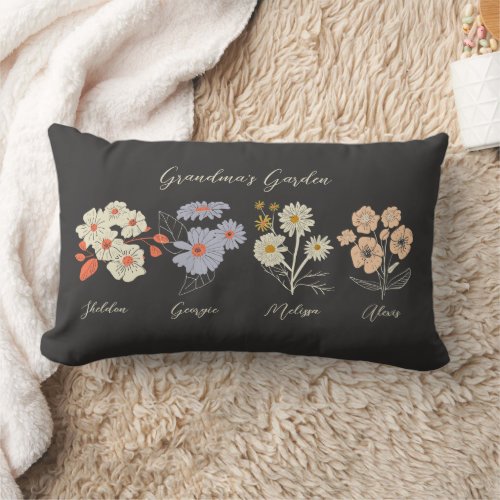Grandma Flower Garden Custom 4 Name Vintage Floral Lumbar Pillow