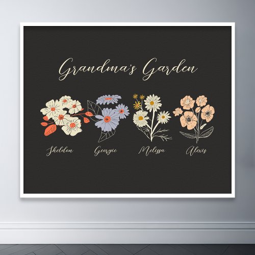 Grandma Flower Garden Custom 4 Name Vintage Floral Poster