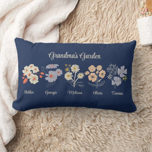 Grandma Flower Garden Custom 5 Name Vintage Floral Lumbar Pillow