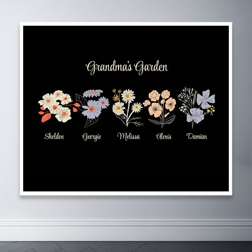 Grandma Flower Garden Custom 5 Name Vintage Floral Poster