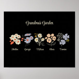 Grandma Flower Garden Custom 5 Name Vintage Floral Poster