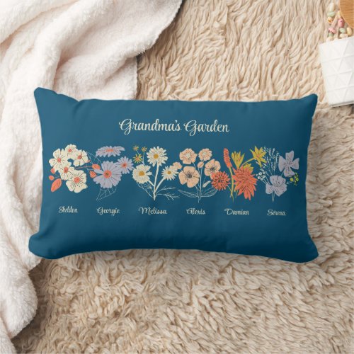 Grandma Flower Garden Custom 6 Name Vintage Floral Lumbar Pillow