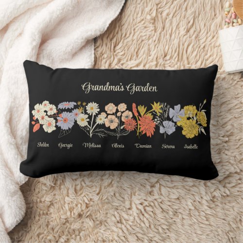 Grandma Flower Garden Custom 7 Name Vintage Floral Lumbar Pillow