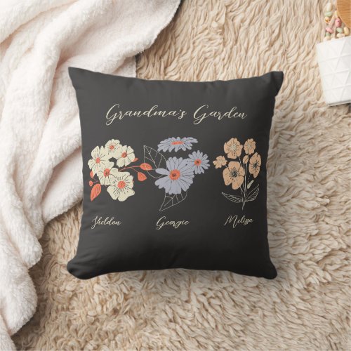 Grandma Flower Garden Custom Name Vintage Floral Throw Pillow