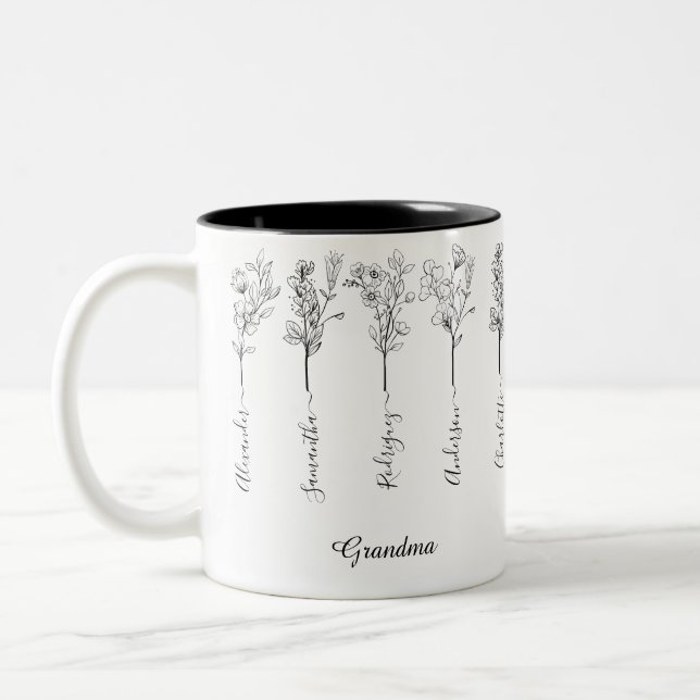 Grandma Flower Gift with Custom 5 Grandkids Names Two-Tone Coffee Mug (Left)