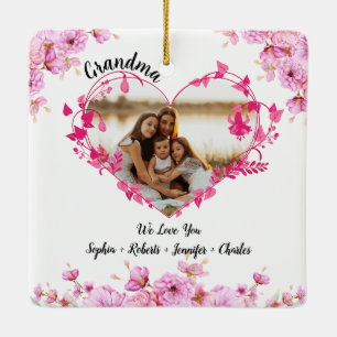 Grandma flower heart Grandkids Names & Photo Ceramic Ornament