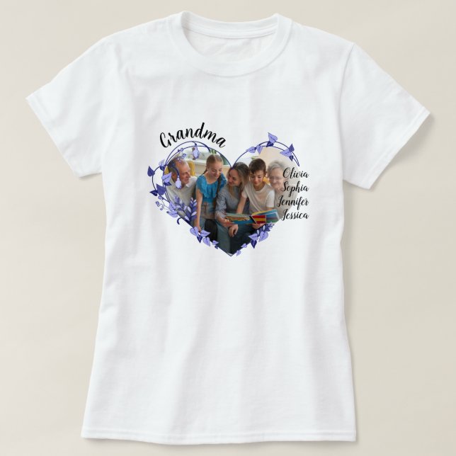 Grandma flower heart With Grandkids Names & Photo T-Shirt (Design Front)