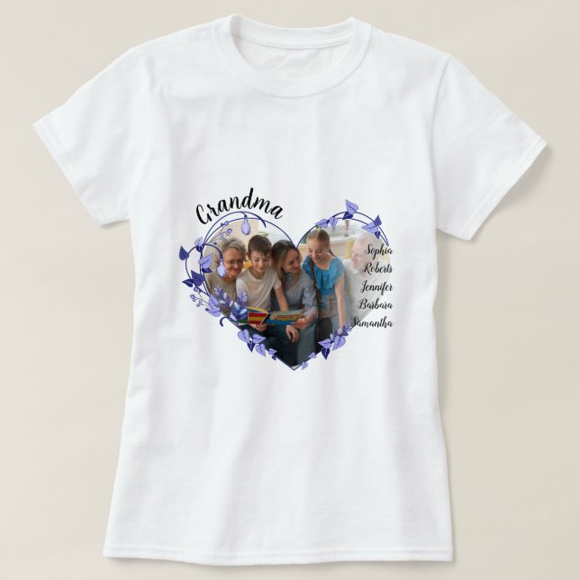 Grandma flower heart With Grandkids Names & Photo T-Shirt (Design Front)