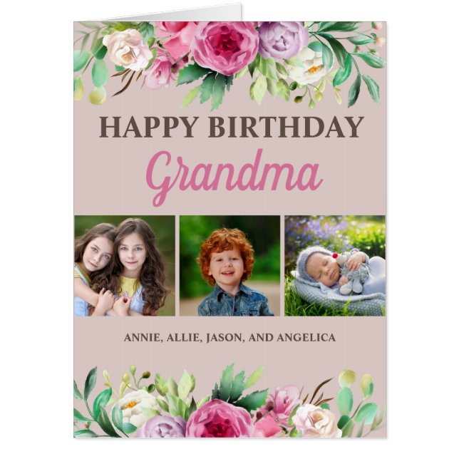 Grandma From Grandkids 6 Photo Collage Birthday Card (Front)