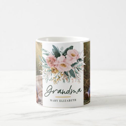 Grandma gift 2 photo pink girly watercolour floral coffee mug - Grandma gift 2 photo pink girly watercolour floral script typography mug design.