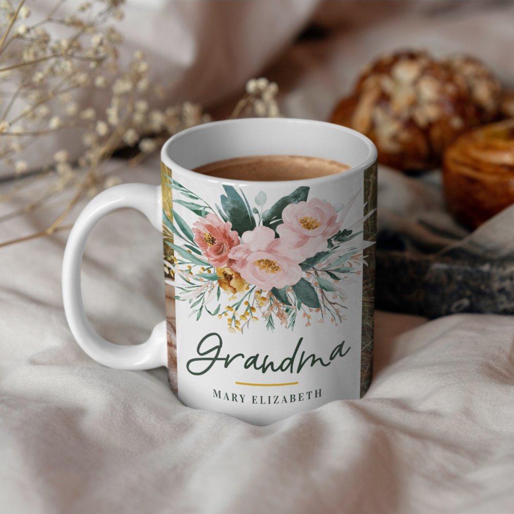 Discover Grandma Gift Upload Photo Pink Girly Watercolour Floral Custom Coffee Mug