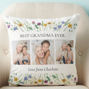 Grandma Gift 3 Photos Floral Throw Pillow