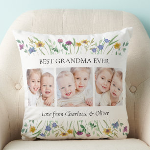 Grandma Gift 3 Photos Floral Throw Pillow