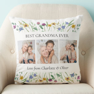 Grandma Gift 3 Photos Floral Throw Pillow