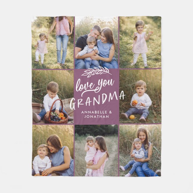 Grandma gift 8 photo grandchild simple purple fleece blanket (Front)