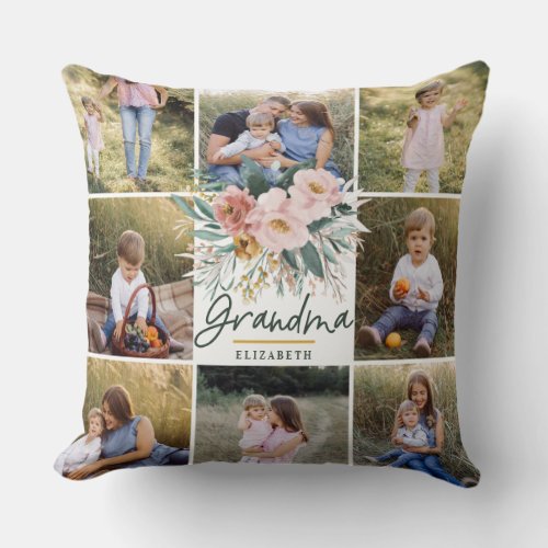 Grandma gift 8 photo pink girly beautiful floral throw pillow - Grandma gift 8 photo grandchild simple modern script typography pillow gift plum purple girly design.