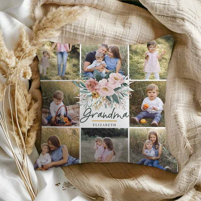 Grandma gift 8 photo pink girly beautiful floral throw pillow (Creator Uploaded)