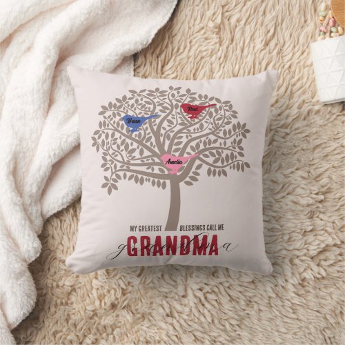 Grandma Gift from Grandchildren 3 birds tree Throw Pillow