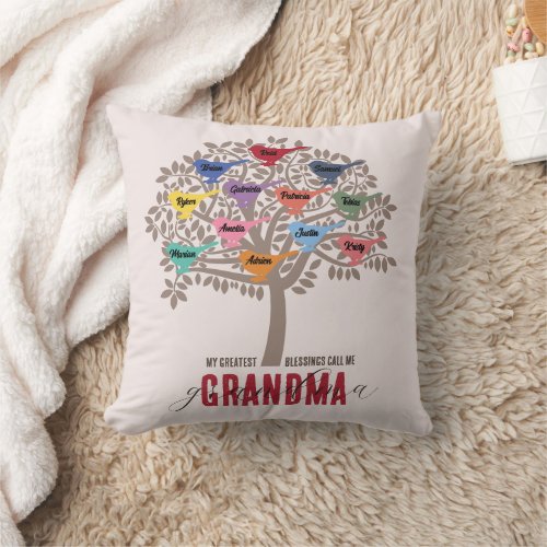 Grandma Gift Grandchildren Names Tree 12 birds Thr Throw Pillow