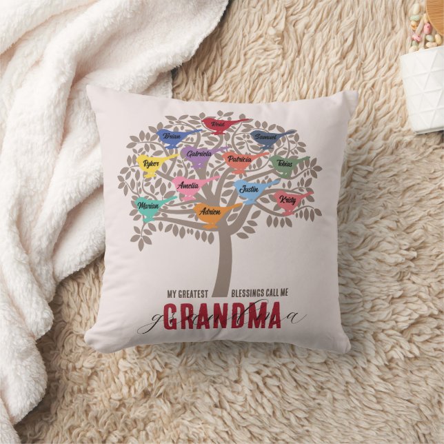 Grandma Gift Grandchildren Names Tree 12 birds Thr Throw Pillow (Blanket)