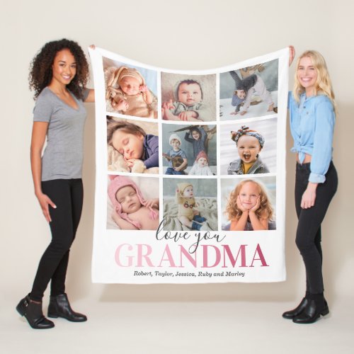 Grandma Gift | Love You Photo Collage Fleece Blanket - Personalized grandmother warm fleecy blanket featuring a elegant white background that can be changed to any color, a 9 picture collage template for you to customize, the saying "love you grandma" in a cute pink gradient font, and the names of the grandchildren.