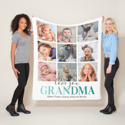 Grandma Gift | Love You Photo Fleece Blanket - Personalized grandmother warm fleecy blanket featuring a elegant white background that can be changed to any color, a 9 picture collage template for you to customize, the saying "love you grandma" in a trendy teal gradient font, and the names of the grandchildren.