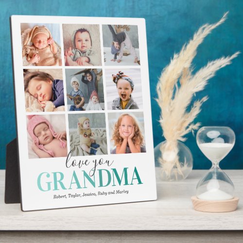 Grandma Gift | Love You Photo Plaque - Personalized grandmother photo plaque featuring a elegant white background that can be changed to any color, a 9 picture collage template for you to customize, the saying "love you grandma", and the names of the grandchildren.