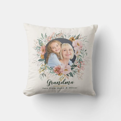 Grandma gift photo pink girly watercolour floral throw pillow