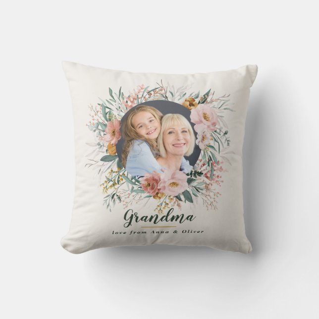 Grandma gift photo pink girly watercolour floral throw pillow (Front)