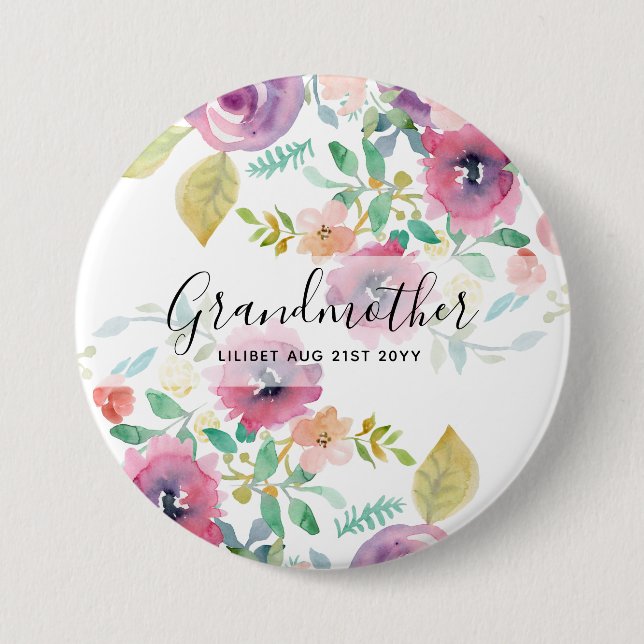 Grandma Gift - Pretty Plum Pink Flowers Perosonal Button (Front)