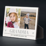 GRANDMA Grandchildren 2 Photo GRAY HEARTS  Plaque<br><div class="desc">Create the perfect sweet keepsake for grandma or "mom just promoted to grandma" for Christmas or Grandparent's day with this amazing design using two (2) of your favorite photos and gran. " appears along the bottom in delicate gray Lettering with little gray hearts. Perfect gift idea to announce pregnancy with...</div>