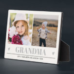 GRANDMA Grandchildren 2 Photo GRAY HEARTS  Plaque<br><div class="desc">Create the perfect sweet keepsake for grandma or "mom just promoted to grandma" for Christmas or Grandparent's day with this amazing design using two (2) of your favorite photos and gran. " appears along the bottom in delicate gray Lettering with little gray hearts. Perfect gift idea to announce pregnancy with...</div>