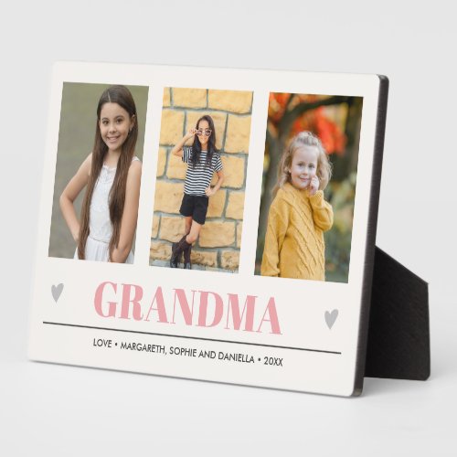 GRANDMA Grandchildren NAME 3 Photo pink gray heart Plaque