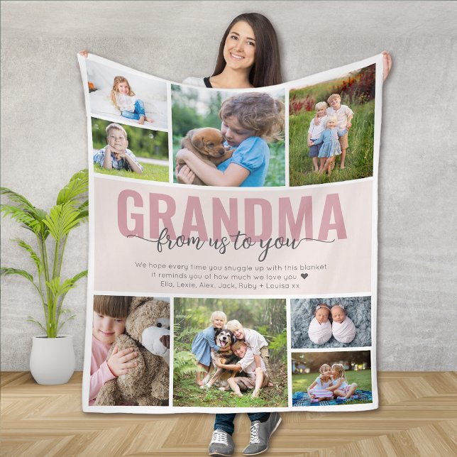 Grandma Grandkids Hug Pink Photo Collage Fleece Blanket (Creator Uploaded)