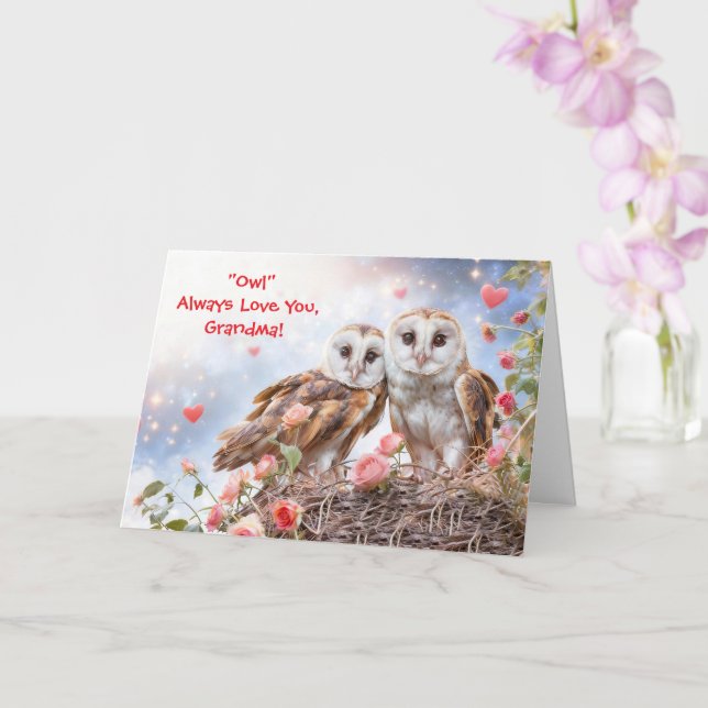 Grandma Grandmother Cute and Fun Owl Valentines  Card (Orchid)