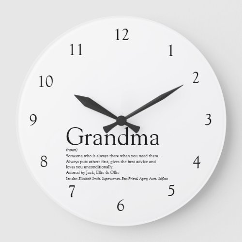 Grandma Grandmother Granny Quote Black and White Large Clock