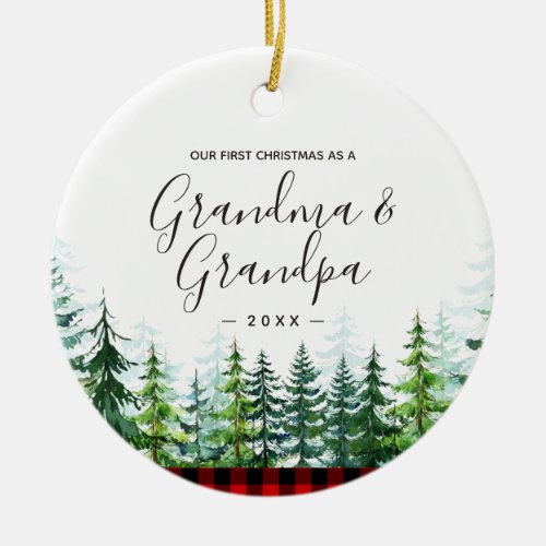 Grandma Grandpa 1st Christmas Red Plaid Pine Tree Ceramic Ornament