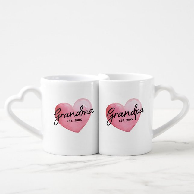 Grandma Grandpa Est Date Watercolor Heart  Coffee Mug Set (Front Nesting)