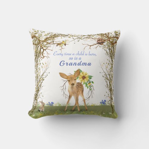  Grandma  Grandpa Fawn Owl Bunny Flowers Throw Pillow