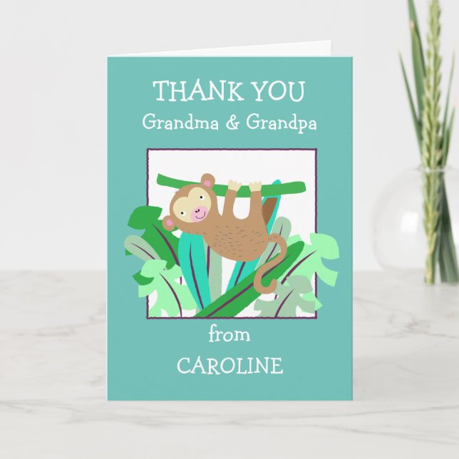 Grandma Grandpa Name Cute Monkey Teal Thank You Card (Front)