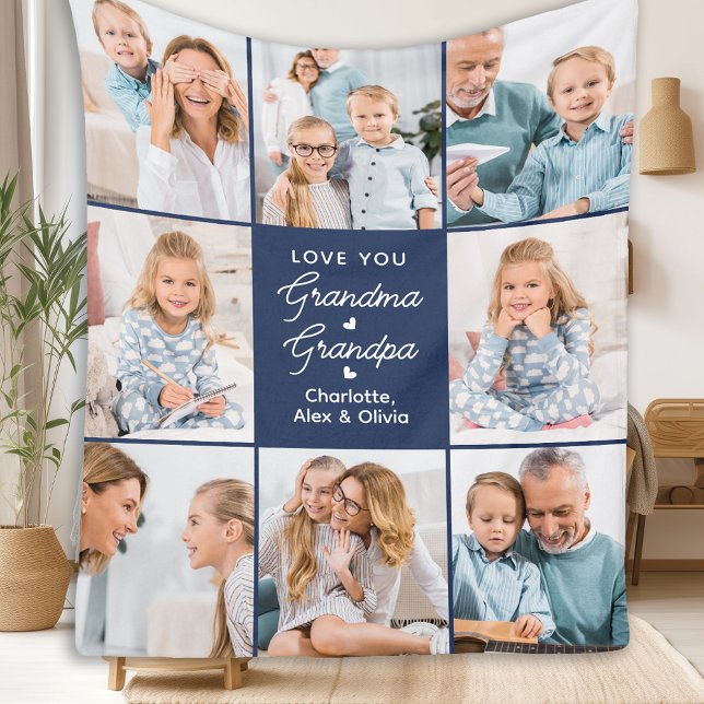 Grandma Grandpa Personalized Navy Blue 8 Picture Fleece Blanket (Creator Uploaded)