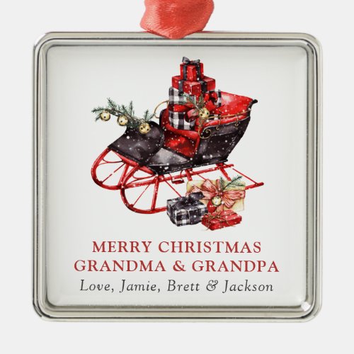 Grandma Grandpa Vintage Red Sleigh Christmas Metal Metal Ornament