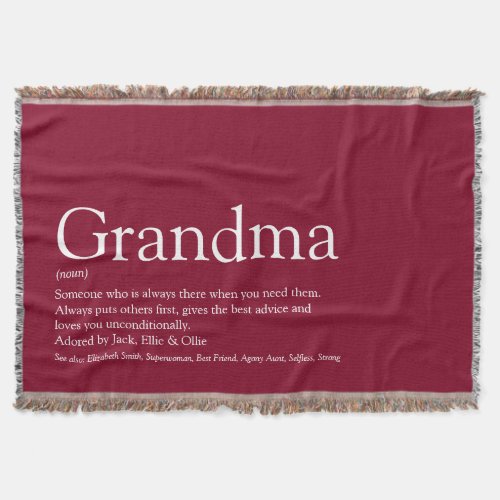 Grandma Granny Definition Burgundy Modern Fun Throw Blanket