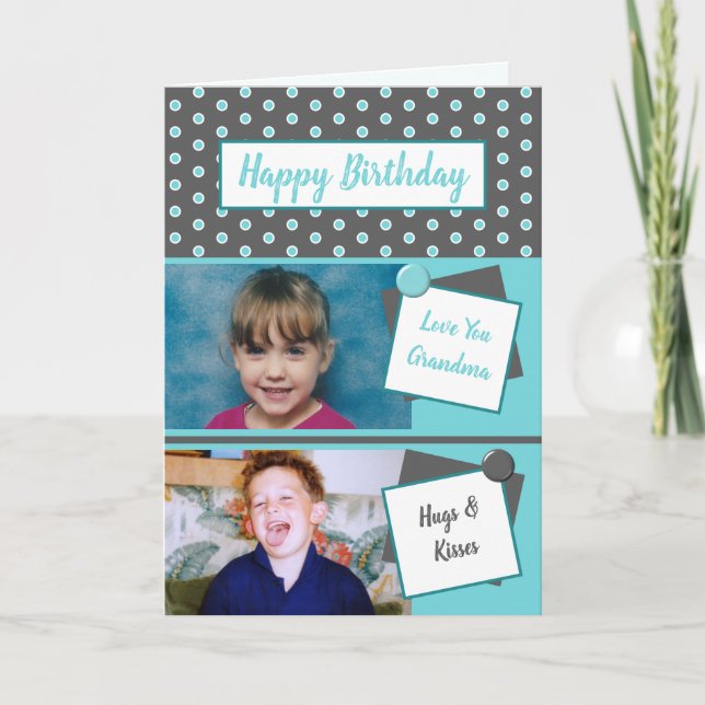 Grandma gray turquoise photo greeting Birthday Card (Front)