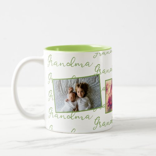Grandma Green Script with Custom Photos Two_Tone Coffee Mug
